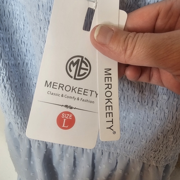 Merokeety Dress Sz‎ L Puff Sleeve Soft Girl Flowy Midi Feminine Pastel Blue NEW - Picture 8 of 15